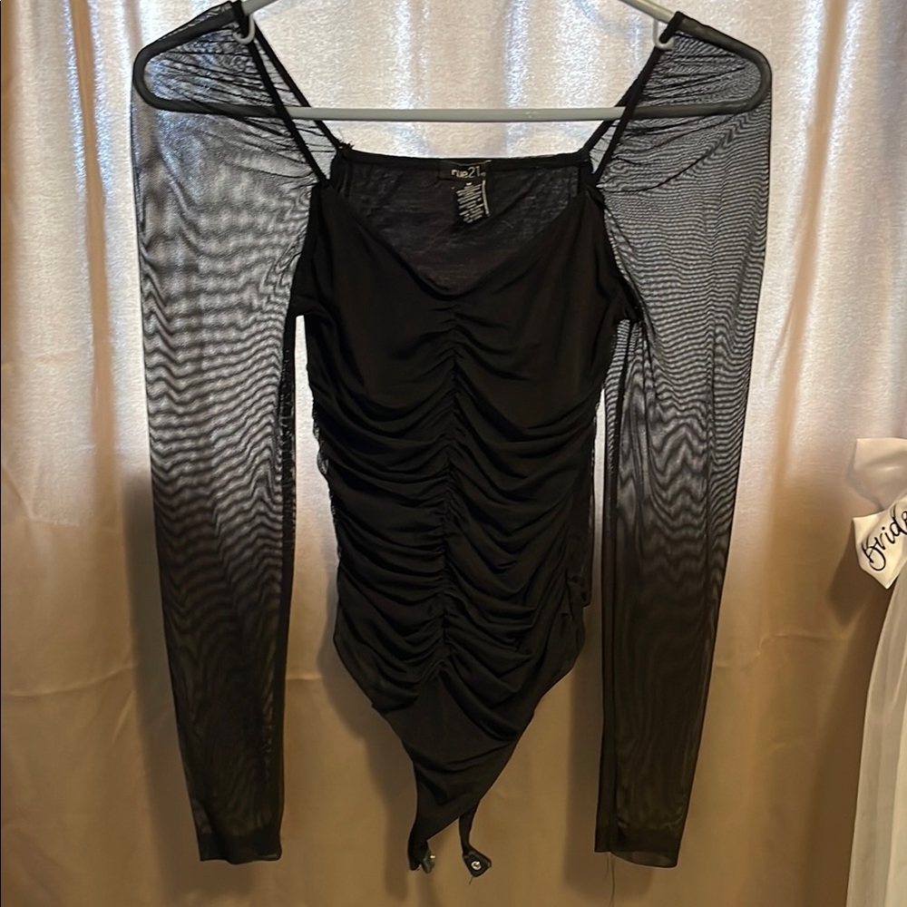 Ruched Black Mesh Long Sleeve Body Suit